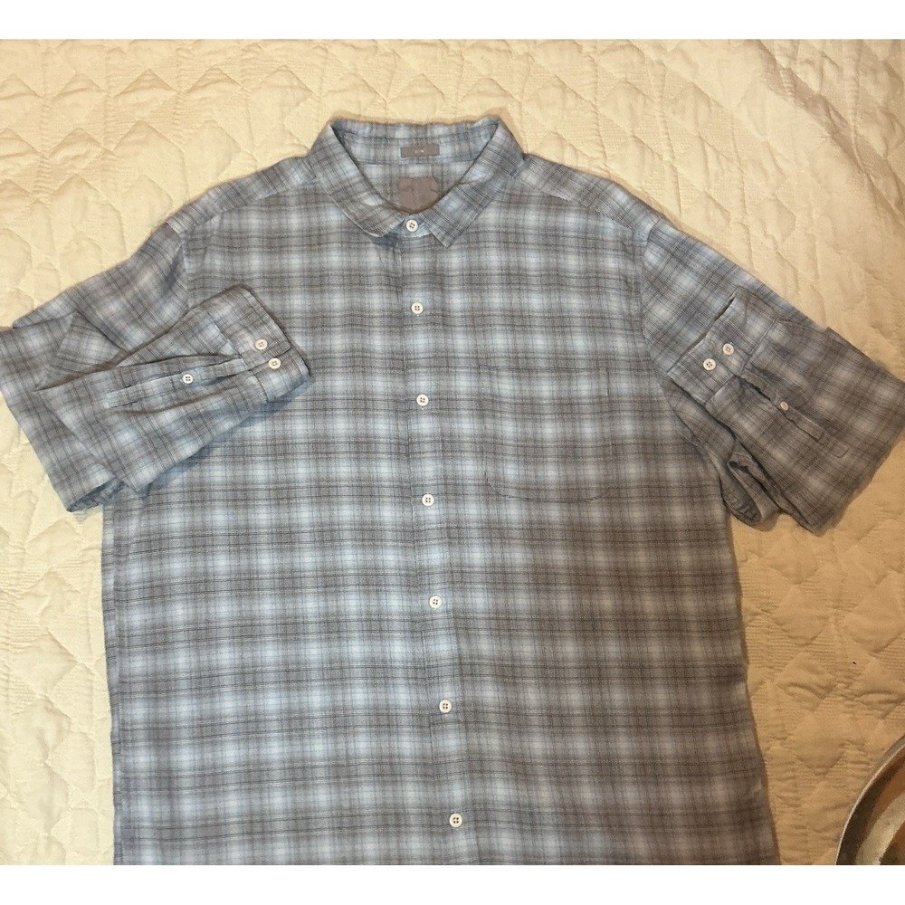 A Frame Slim Fit Long Sleeve Grey Blue Plaid Button Down - X-Large